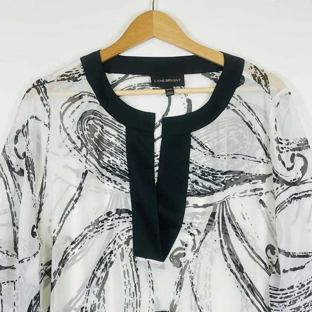 Lane Bryant Women 18 20 Shirt White Black Swirl‎ Sheer Long Sleeve Boho Flowy